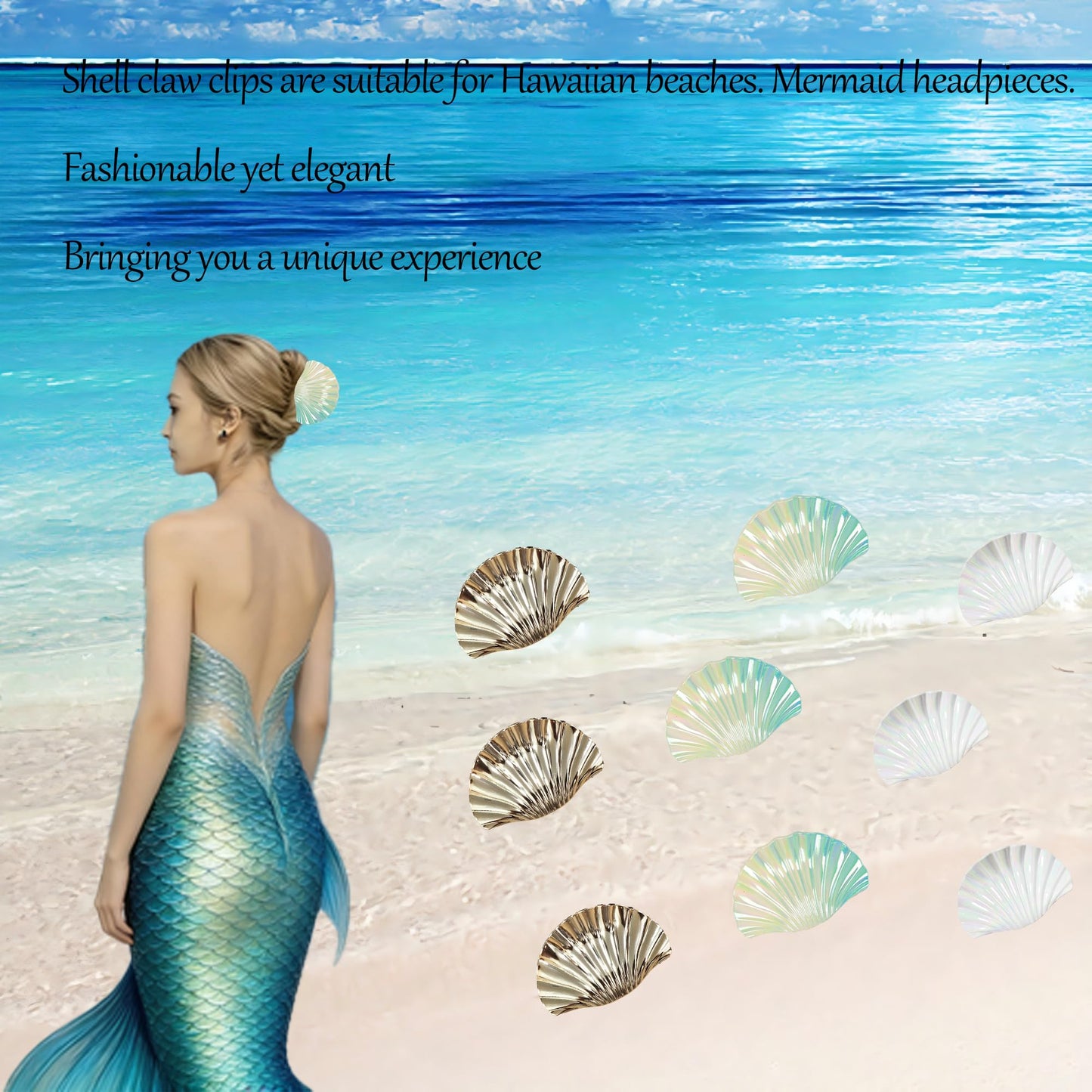 3PCS Seashell Claw Clip for Women 3.74 Inch Gold Shell Claw Clip for Thick/Thin Hair Hawaiian Hair Accessories for Girls, Hawaii Tropical Decor for Summer Beach Vacation (Gold White Blue Gradient)