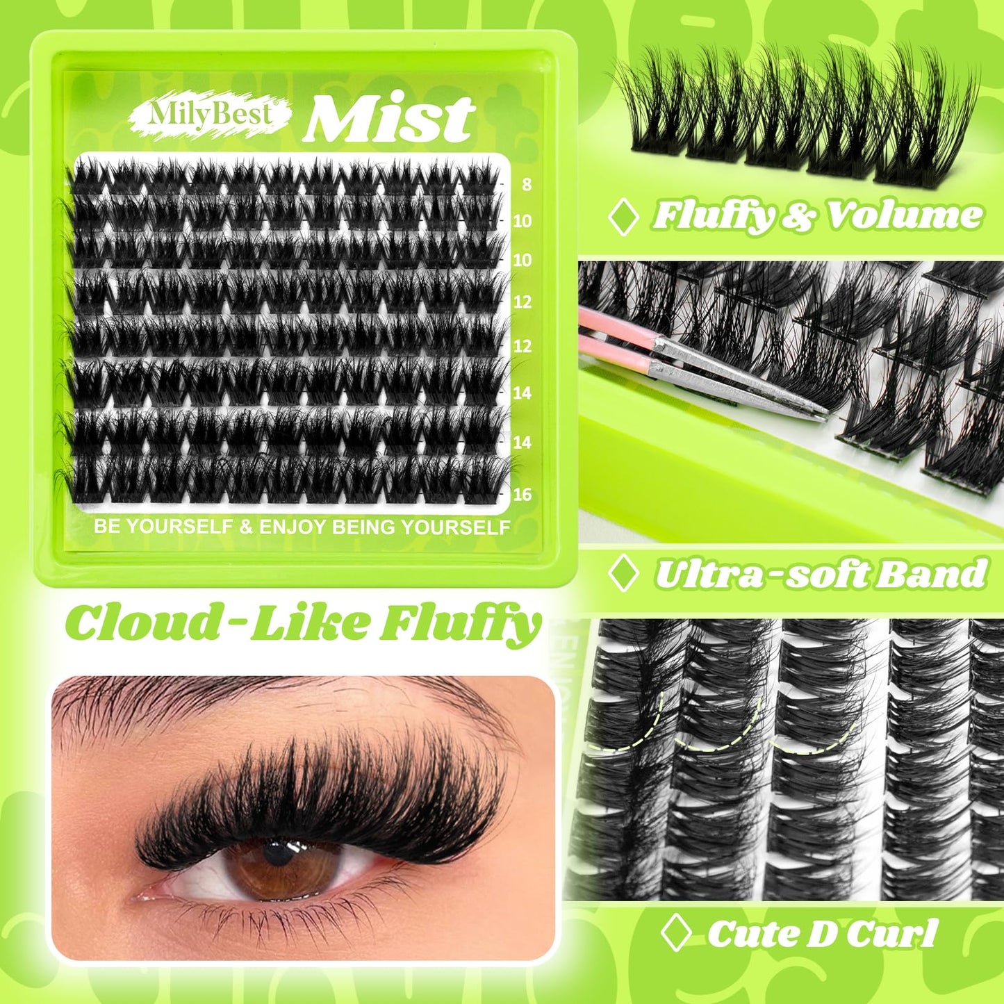 MilyBest Mist Lash Clusters with Spikes, 88pcs D Curl 8-16mm
