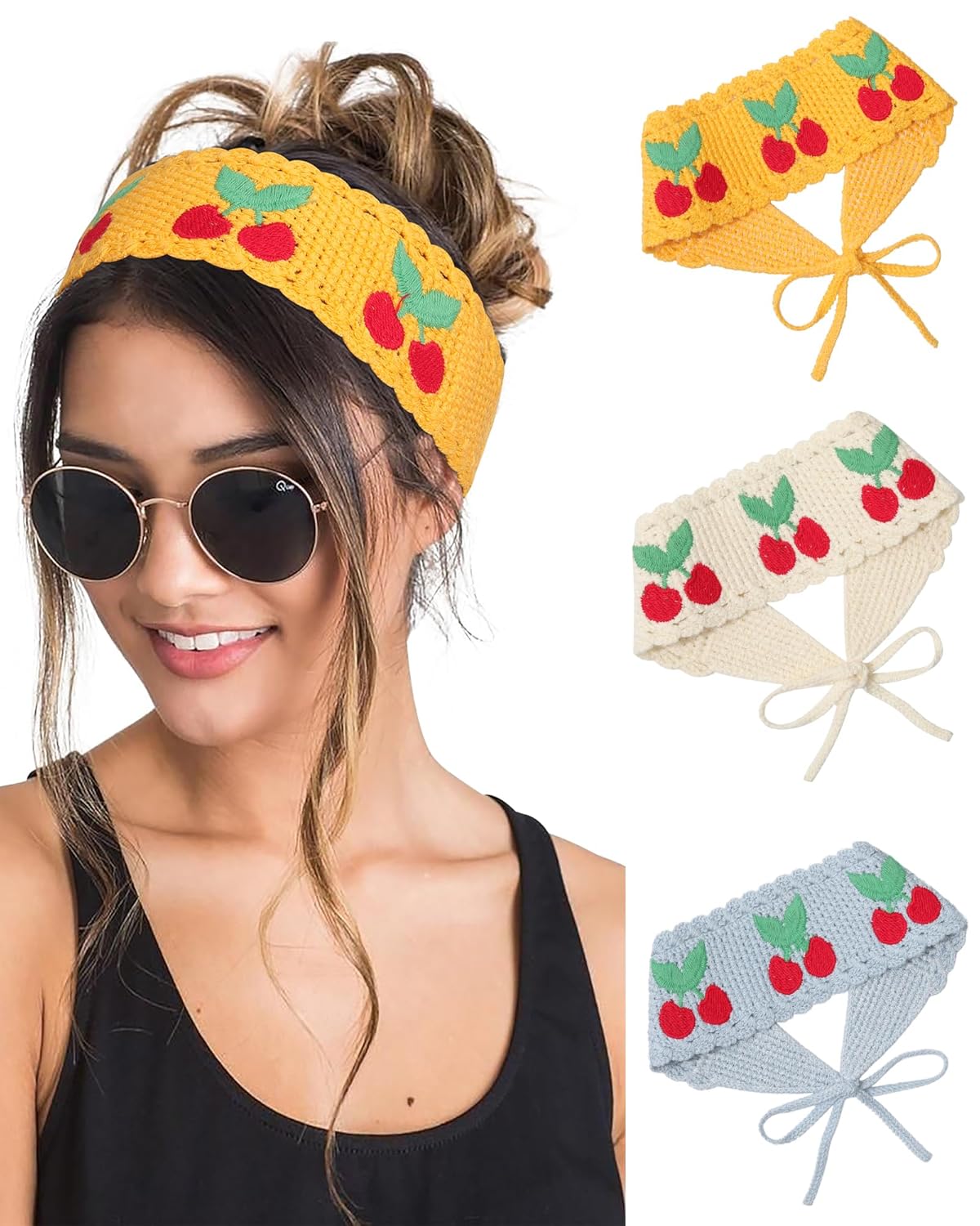 Hippie Hair Bandanas for Women - Boho Knit Headbands | Floral Head Wraps in Beige, Blue & Yellow