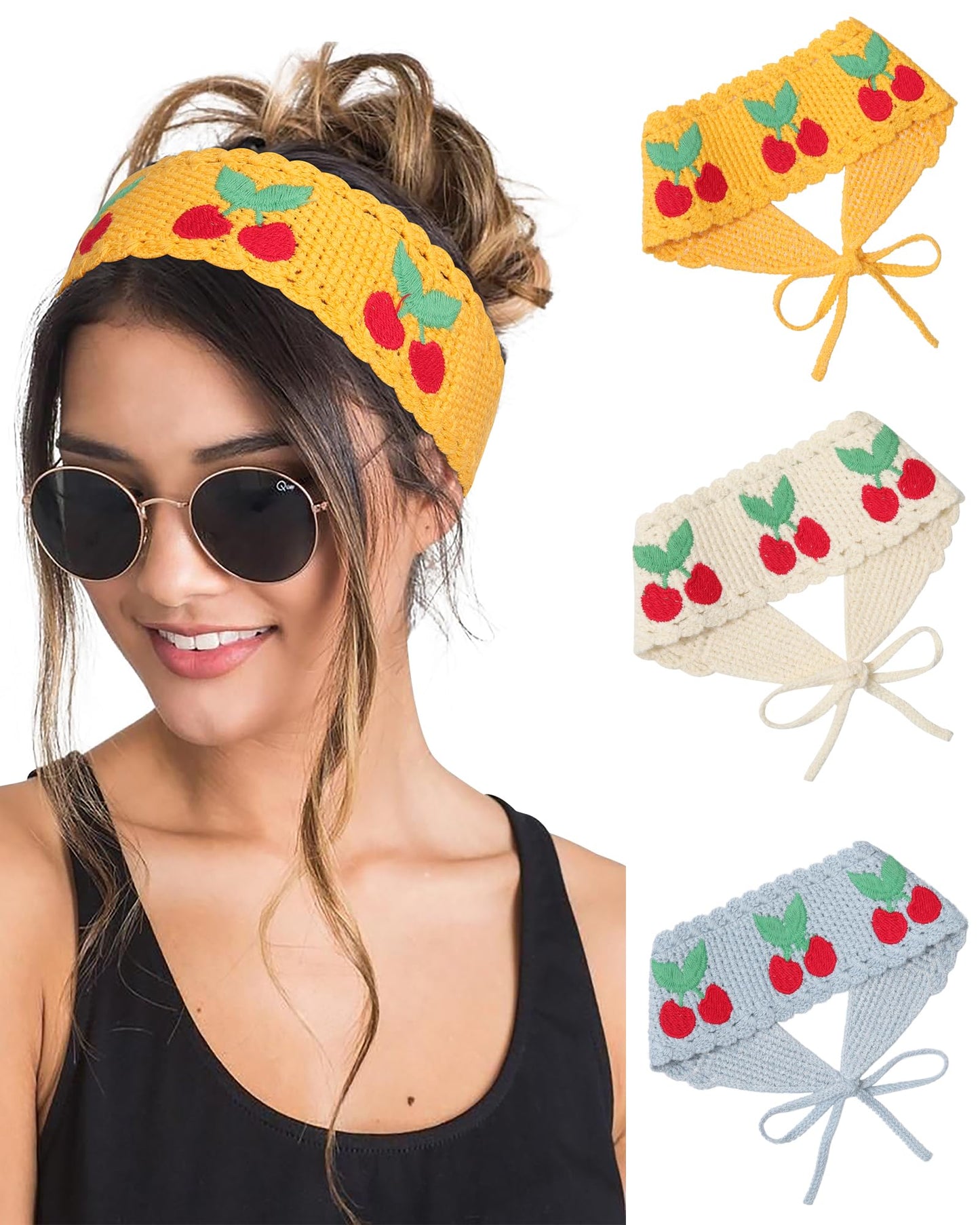 HAIMEIKANG Hippie Hair Bandanas Headbands for Women Boho Headband Knit Hair Bands Floral Head Wrap for Girls(Beige + Blue + Yellow)