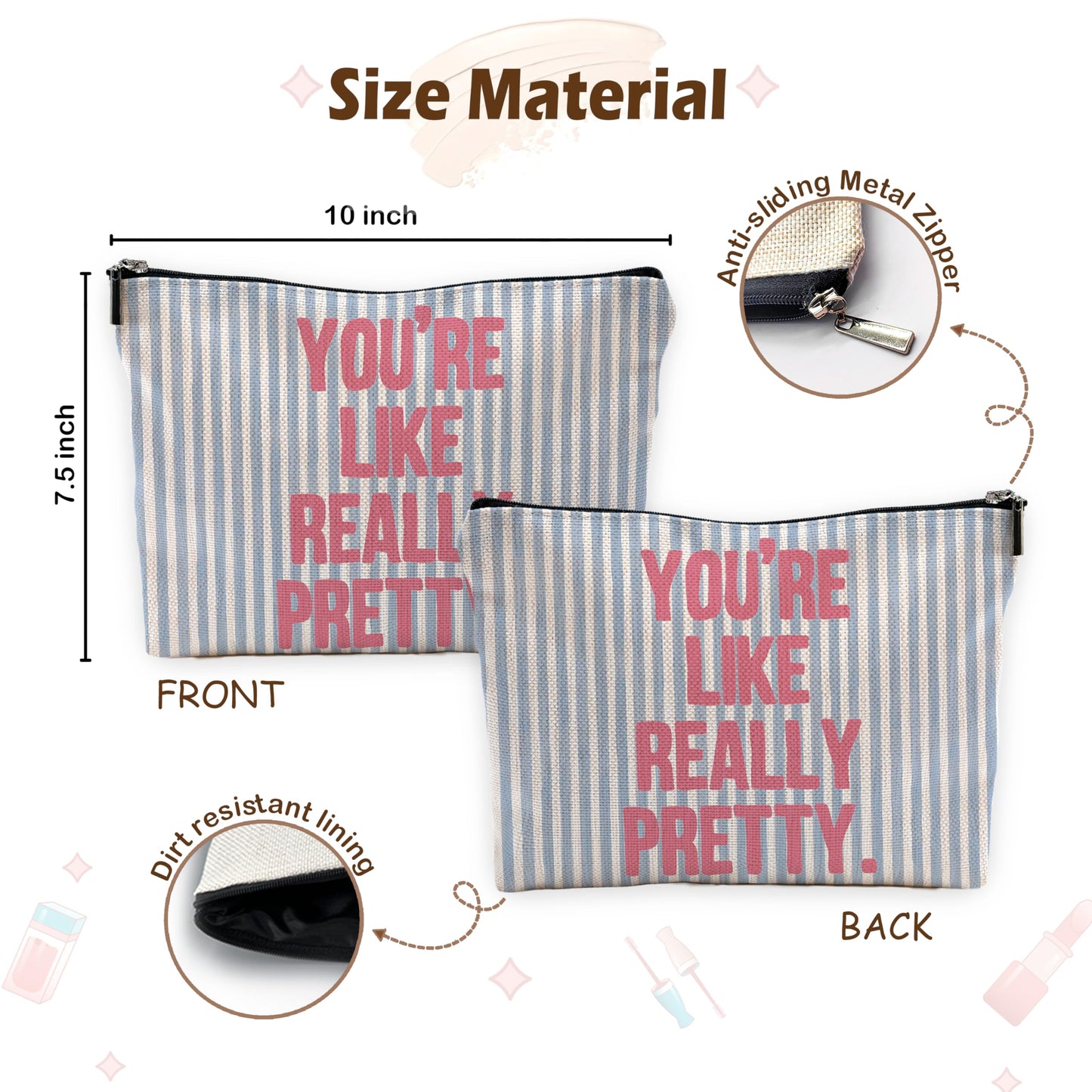 Yomisex Preppy Blue Aesthetic Makeup Bag, Trendy Girly Blue Pink Striped Cosmetic Bags Toiletry Bag for Women, Inspirational Gifts, You're Like Really Pretty Makeup Pouch