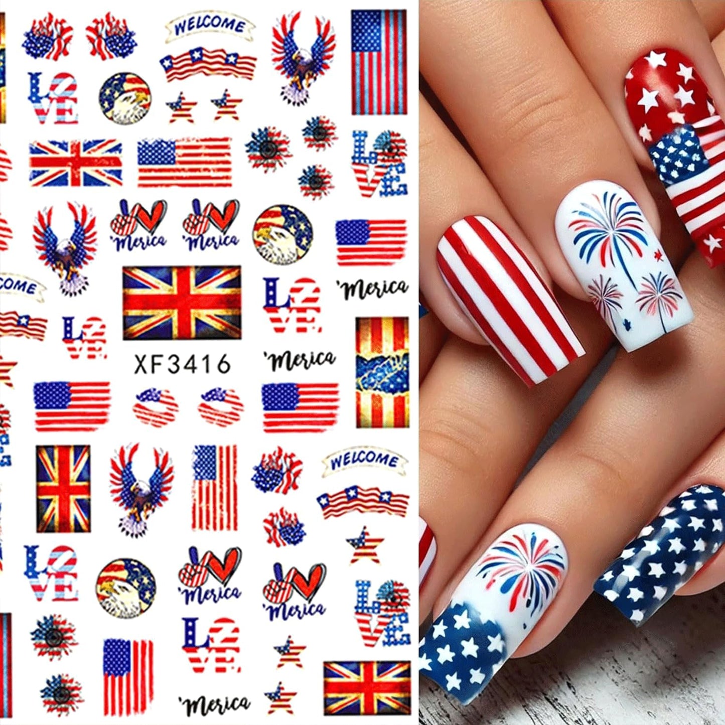 8 Sheets 4th of July Nail Stickers Red White Blue Nail Stickers for Nail Art Independence Day Nail Art Stickers 5D Embossed Nails Decals Patriotic USA Nails Design for Women Manicure Accessories