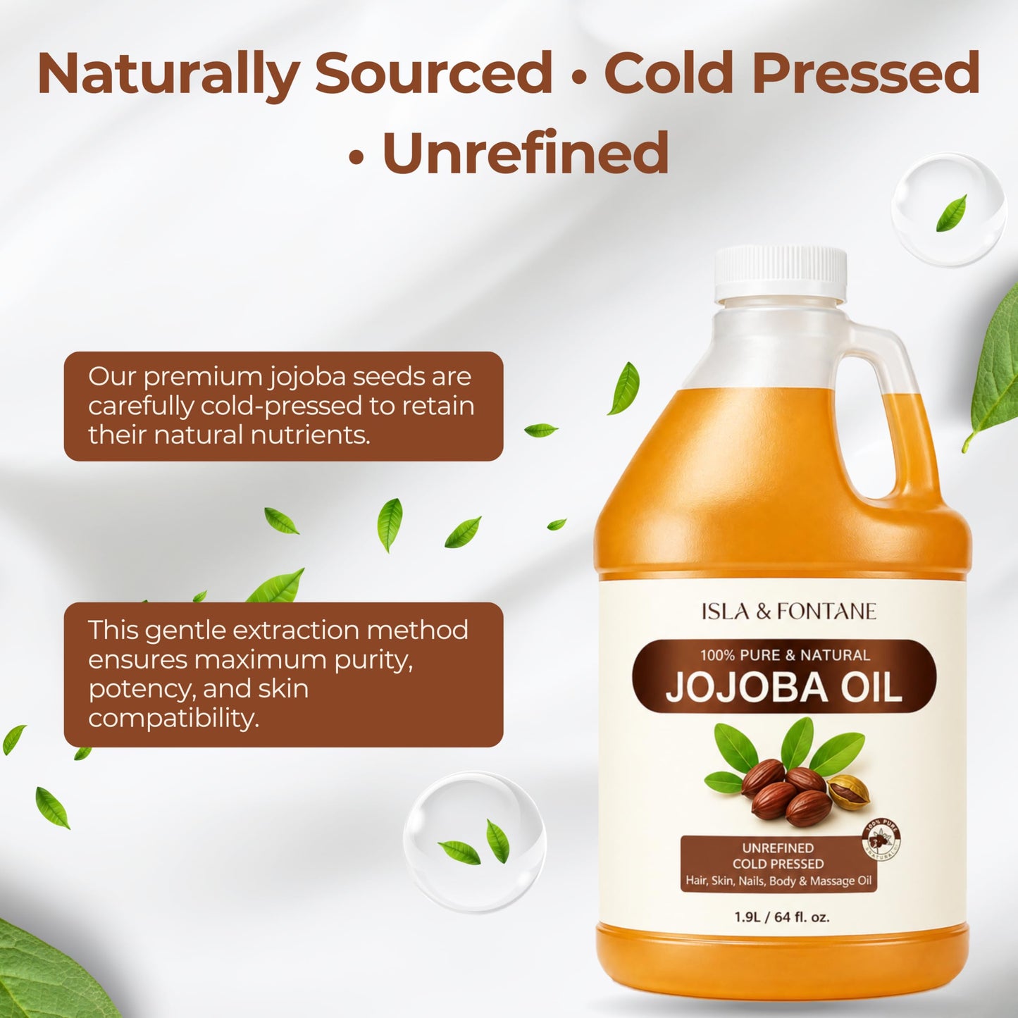 ISLA & FONTANE 100% Pure & Natural Jojoba Oil 1.9L - Cold Pressed, Unrefined, Hexane Free Carrier Oil for Hair, Face, Body & Nails - Vegan, Non-GMO Moisturizer & Massage Oil