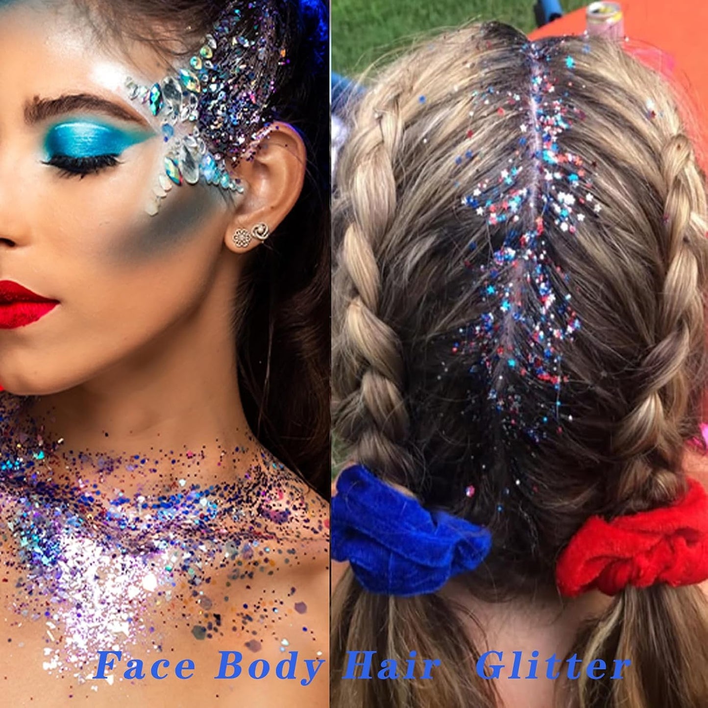 Body Glitter for 4th of July - Red, White & Blue USA Flag Face Makeup | Holographic Chunky Sequins for Women & Kids