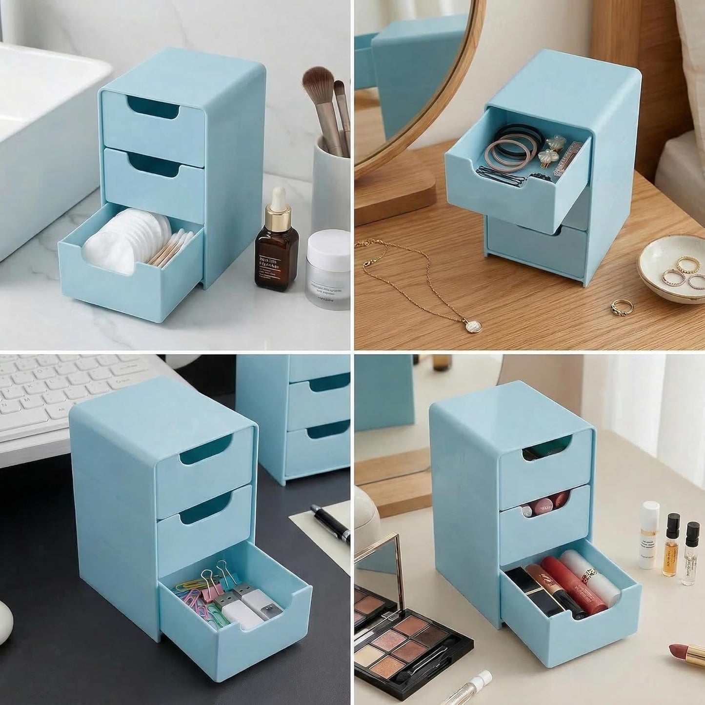 Mini Blue Plastic 3-Drawer Organizer - Hair Accessories & Makeup Storage | Compact Desktop Box for Girls