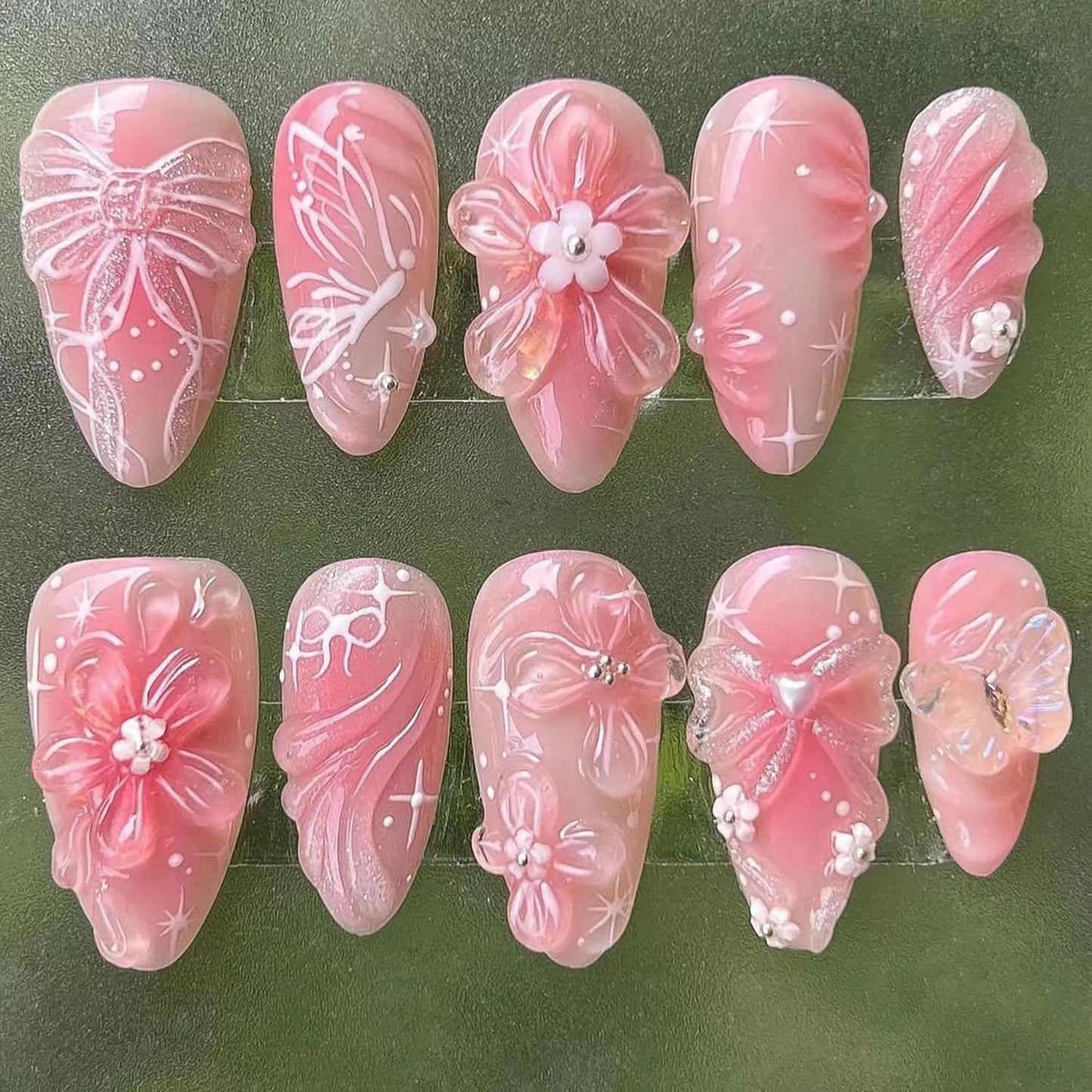 Gold Star Press-On Nails - 30 Pcs Medium Almond Acrylic with 3D Blue Rhinestones | Bohemian Style