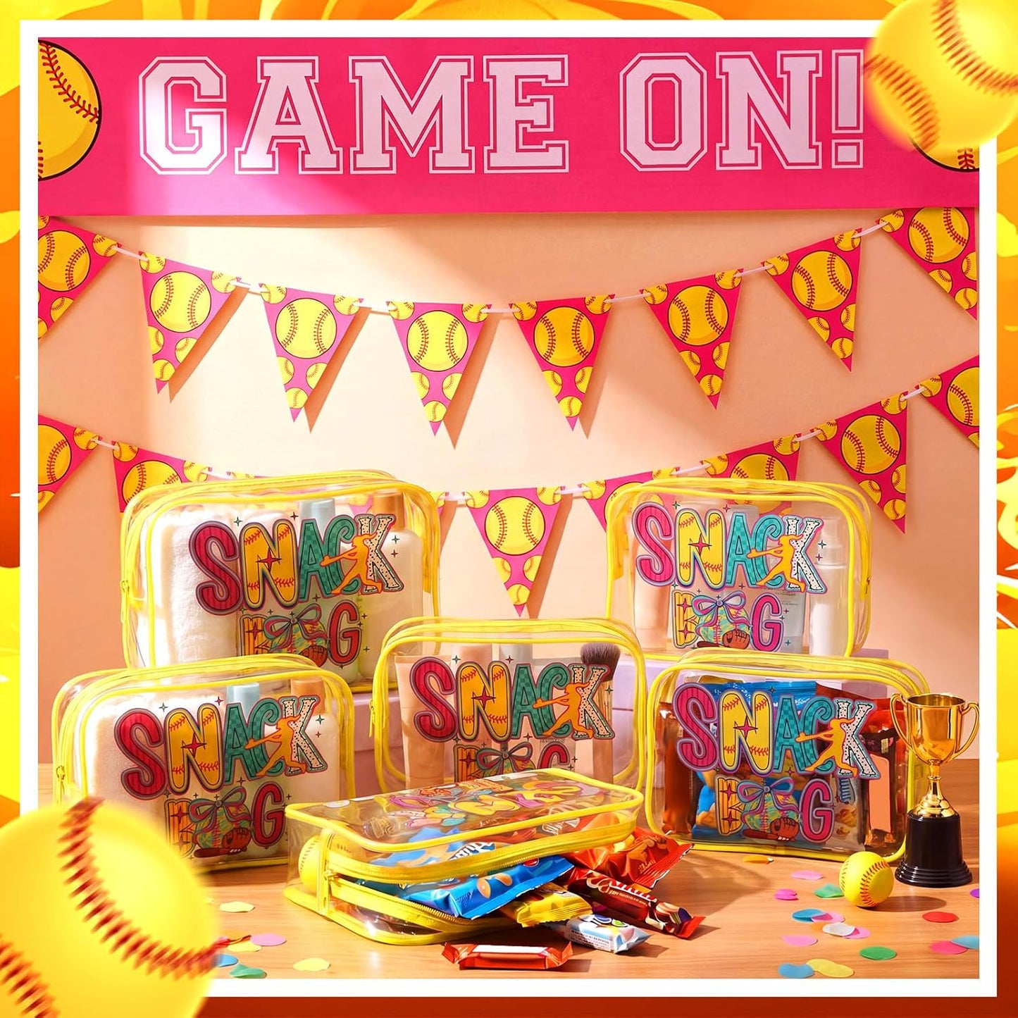 Softball Party Favors - 12 Pack Vivid Snack Bags for Girls | Clear PVC Cosmetic Case, 7.09 x 4.72 x 2.36''