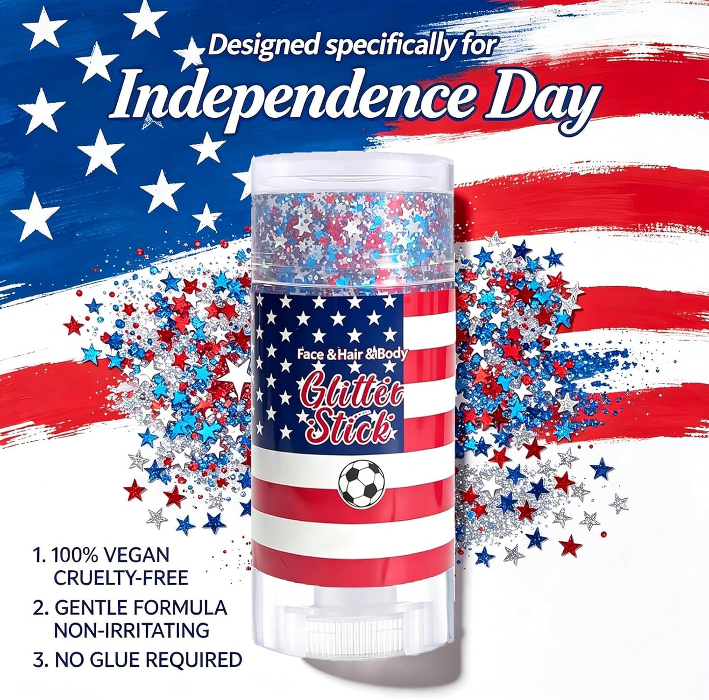 4th of July Hair Glitter Stick - Red, White & Blue Patriotic Face Glitter for Sparkling Independence Day Makeup | Perfect for Festive Outfits