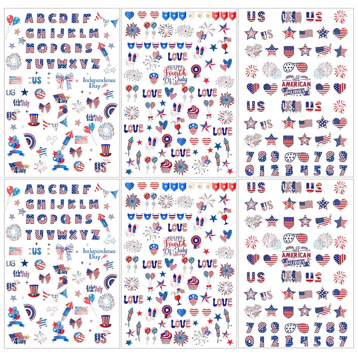 6 Sheets 4th of July Nail Stickers for Nail Art 3D Self Adhesive Independence Day Nail Art Stickers American Flag Stars Letters Fireworks Nail Decals Fourth of July Design Sticker for Women