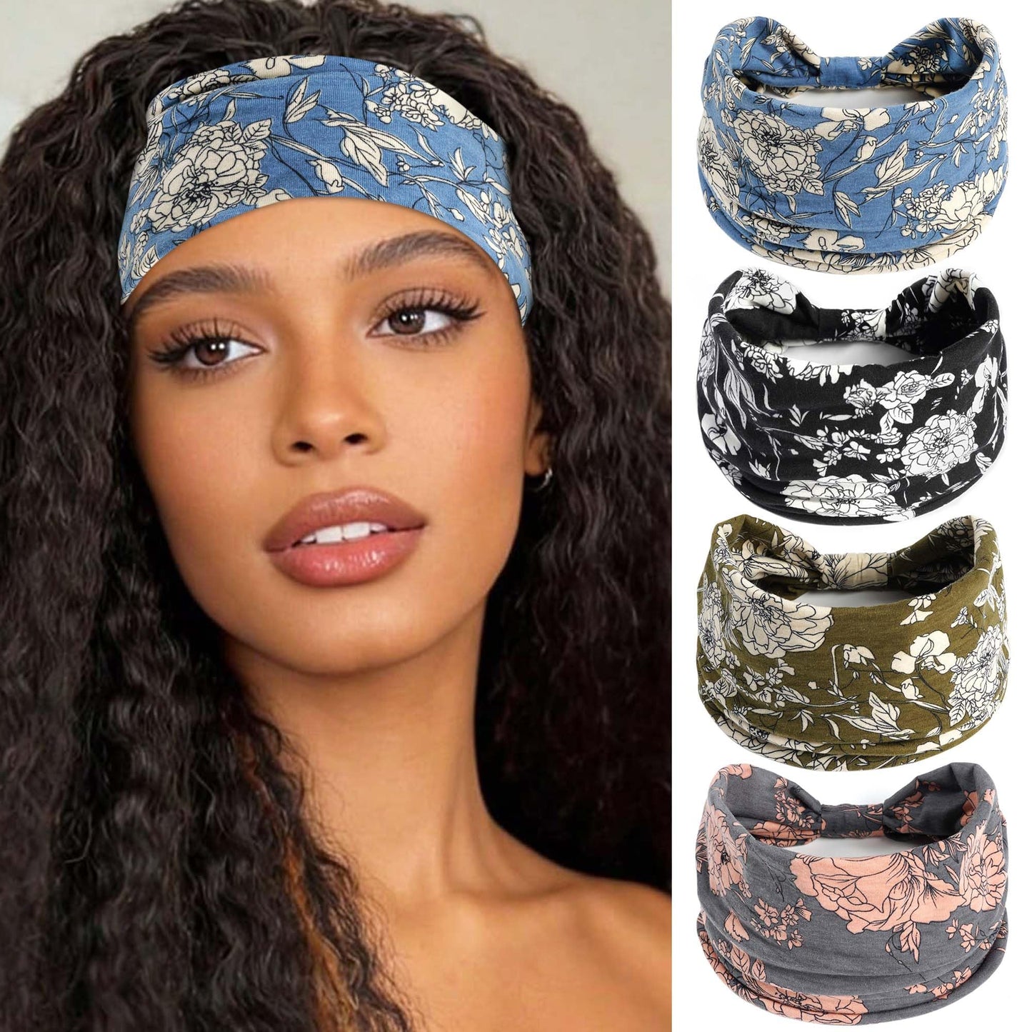 FARSYOD Boho Headbands For Women Wide Floral Hairbands Fashion Knotted Head Wraps Soft African Turban Band for Girls Ladies NonSlip Stretchy Workout Yoga Daily Life 4 Pack
