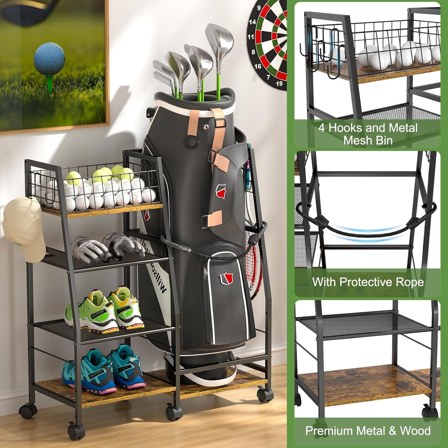 Golf Bag Storage Rack with Wheels - Organizer for Single Bag & Accessories | Sturdy Wood & Metal Construction (Black)