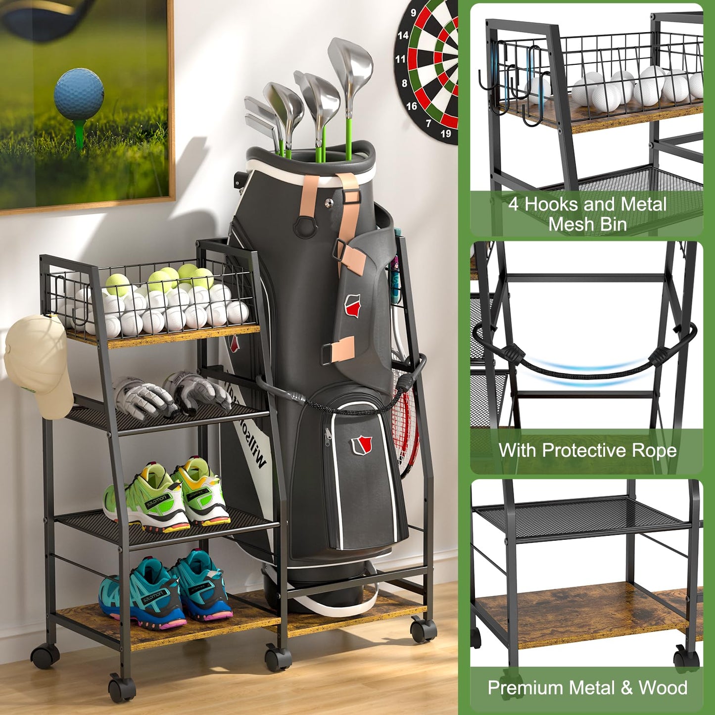 DAOUTIME Golf Bag Garage Storage Rack with Wheels, Organizer for Single Golf Bag and Equipment Accessories, Ideal for Home, Garage, Club, Shed, Basement - Sturdy Wood and Metal Construction (Black)