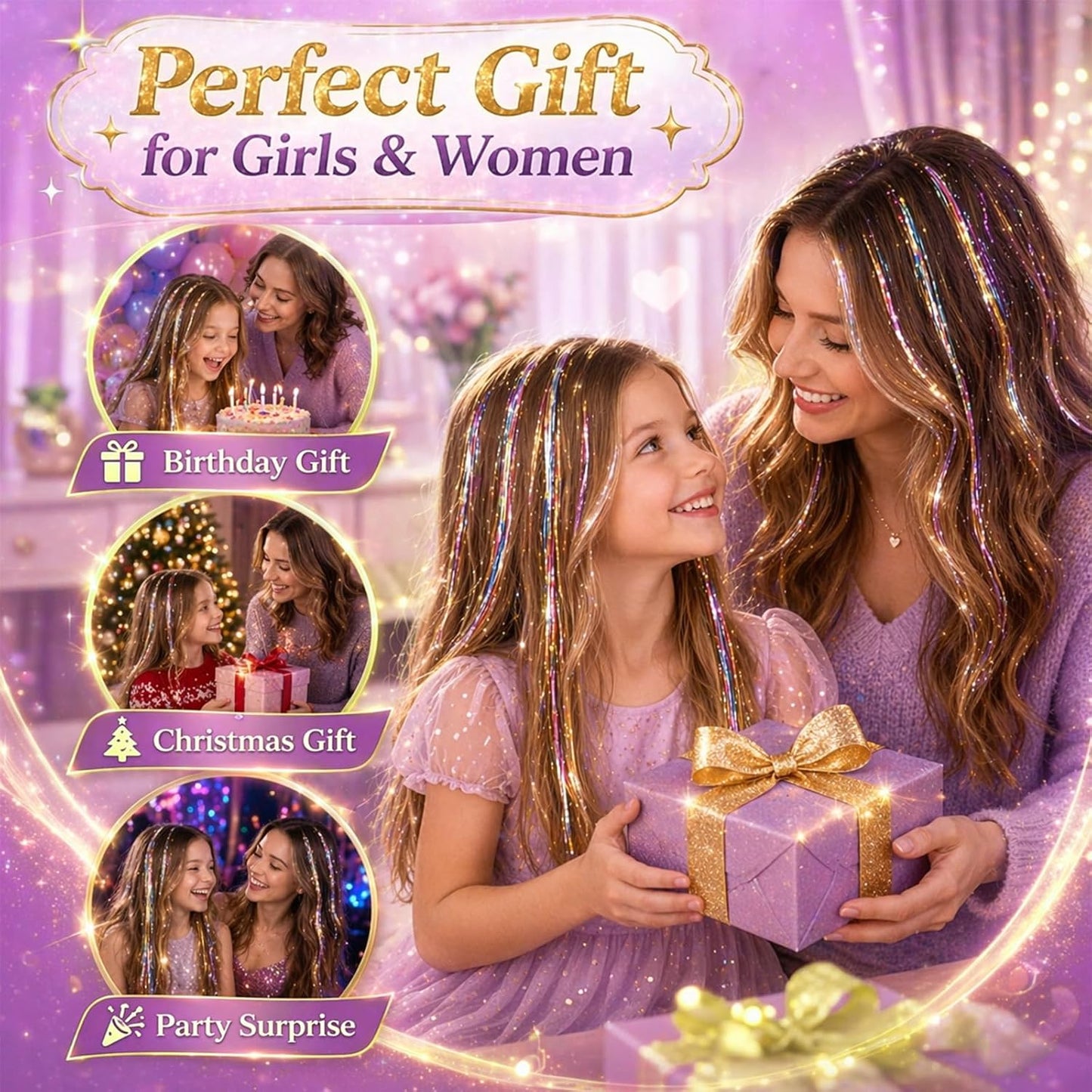 Hair Tinsel Clip-Ins - 18 Color Glitter Hair Extensions for Women & Girls | 22 Inch Fairy Hair Kit