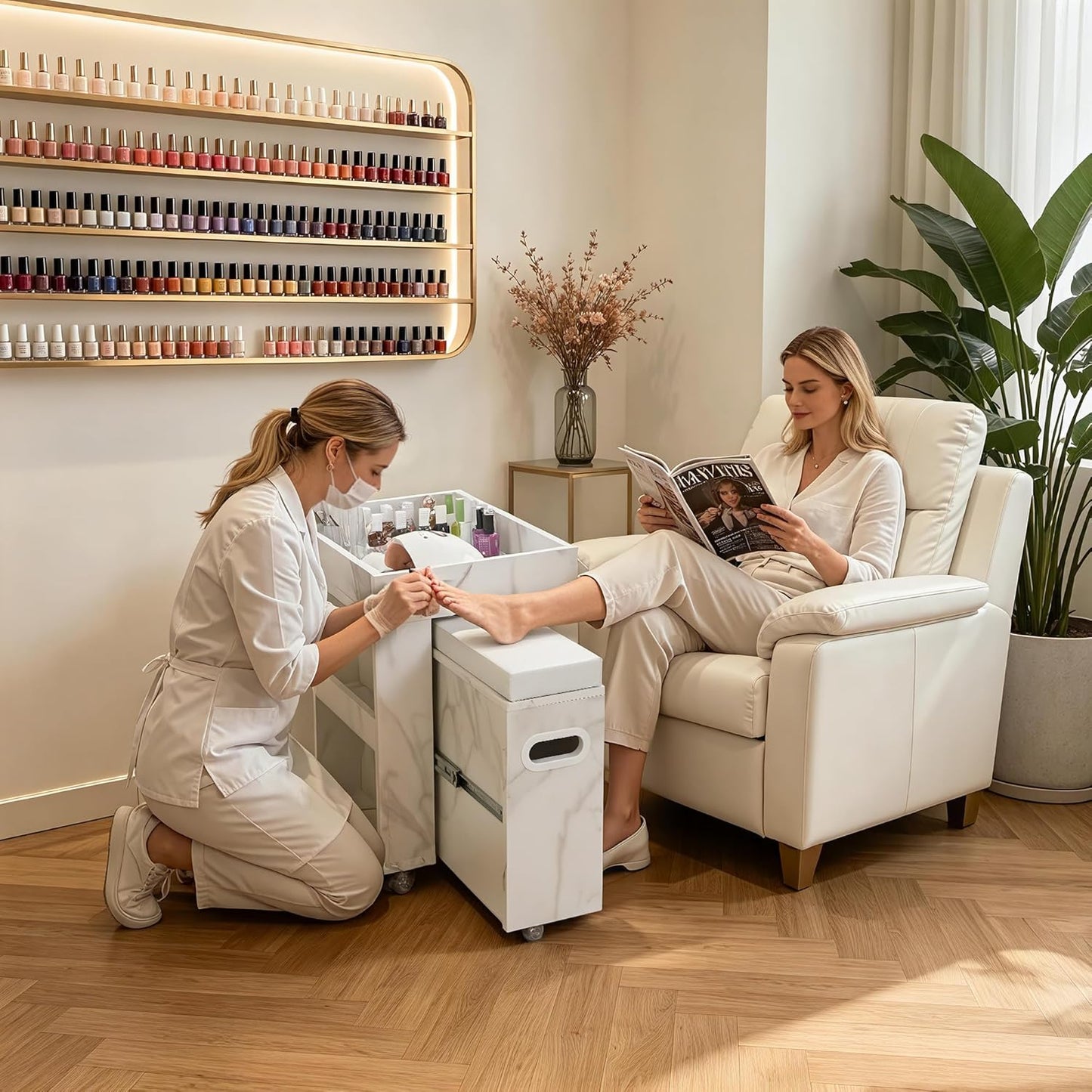 Foot Nail Cart - Mobile Pedicure Trolley with Lockable Wheels & Storage | Beauty Salon Organizer (15.7" L)