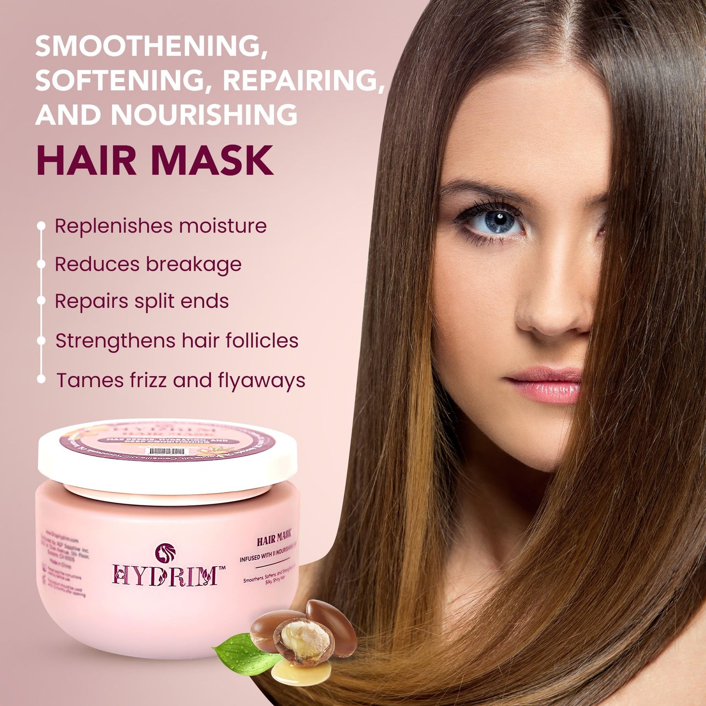 Hydrim Argan Oil Hair Mask, Deep Conditioning for Dry Damaged Frizzy Hair, Hydrating, Repair Treatment, Infused with 11 Nourishing Oils, Fresh Floral Aroma, 8.45 fl oz
