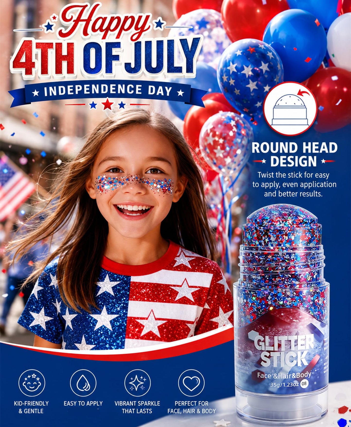 Go Ho 4th of July Glitter Stick,Patriotic Red White and Blue Face Hair Glitter,Fourth of July Accessories & Outfits Women,Sparkling USA Flag Body Glitter for Independence Day 250 Anniversary,1.23oz