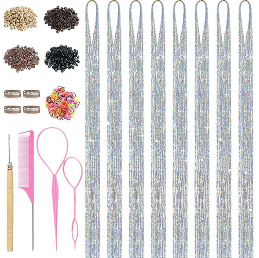 Sliver Hair Tinsel, 8 Pcs Fairy Hair Tinsel Kit for Girls Women 48 Inch 3200 Strands with Tools Hair Accessories Glitter Tinsel Hair Extensions for Party Festival Christmas (Sliver)
