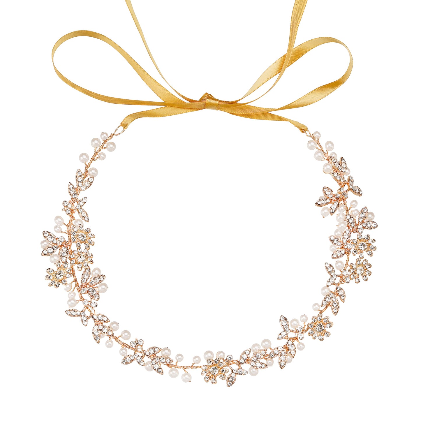 Gold Leaves & 9-Petal Crystal Flowers Pearls Bridal Hair Vine, 12.7" Handmade Wedding Headpiece, Flexible Bridal Headband with 19.5" Satin Ribbon for Bride Bridesmaid Prom Pageant Formal Events