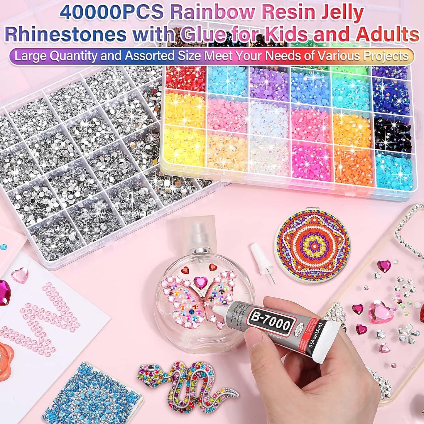 Resin Rhinestones 40000 Pcs - Rainbow Flat Back Gems with B7000 Glue for DIY Crafts | Perfect for Graduation Caps, Clothes, Tumblers, Shoes, Nails