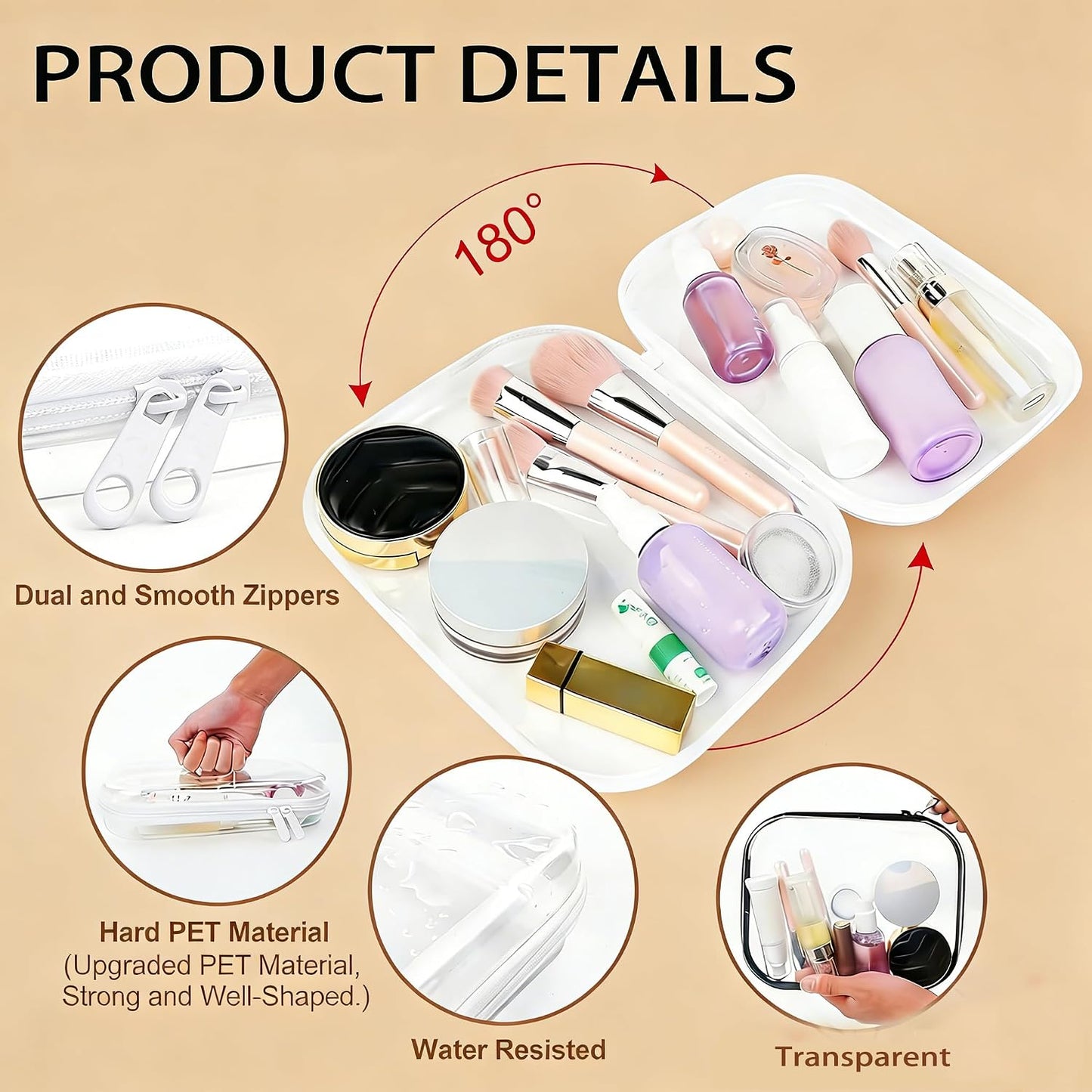 Clear Hard Shell Zipper Case Set - 3PCS Portable Toiletry & Makeup Organizer | White