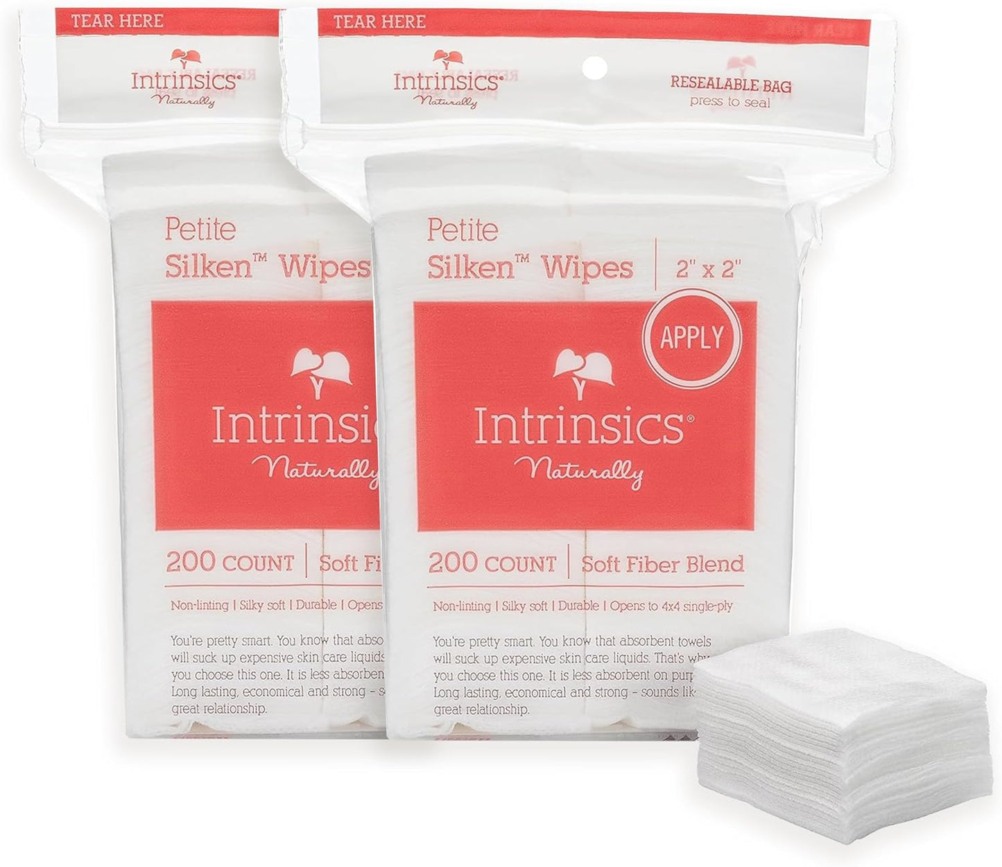 Intrinsics Petite Silken 2x2 Facial Wipes - 200 Count Lint-Free Cotton Pads for Makeup Removal & Toner