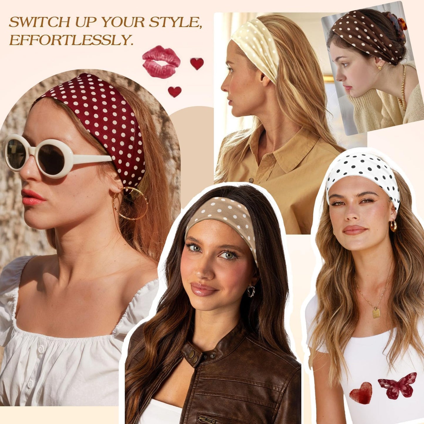 Tiefebene 6 Pack Polka Dot Headband for Women - Non Slip Elastic Floral Hairbands, Soft Fabric Hair Bands for Yoga Workouts, Breathable Head Bands for Hairstyles & Outfits
