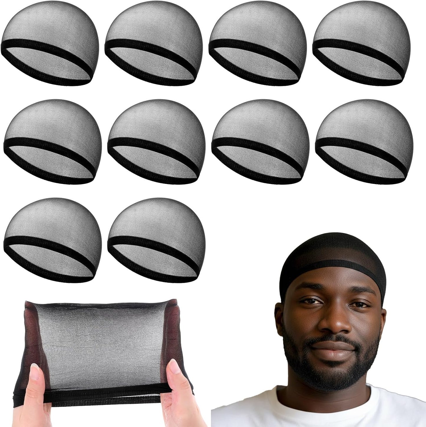 Wave Cap for Men - 10 Pack Soft Breathable Black Stocking Caps | Comfortable Elastic Hair Caps for Sleeping & Exercise