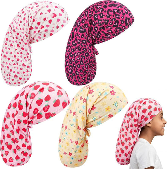 Kids Long Satin Braid Bonnets - 4 Pack Adjustable Soft Caps for Girls | 20 Inch Dreadlocks & Curly Hair