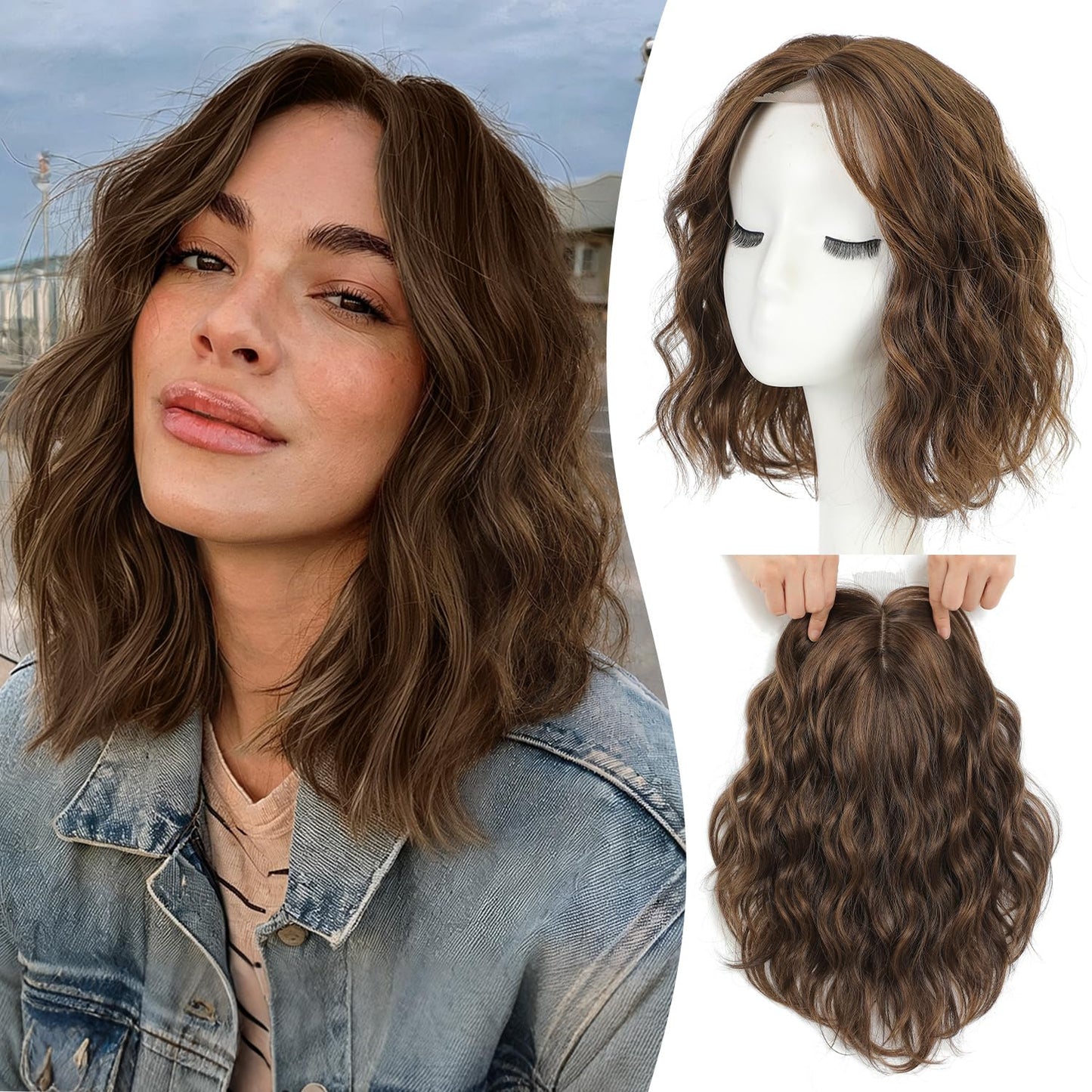 Short Wavy Hair Topper for Women - 11 Inch Natural Synthetic Hairpiece, Lightweight & Breathable | Dark Brown, 6.5"x6.5" Base
