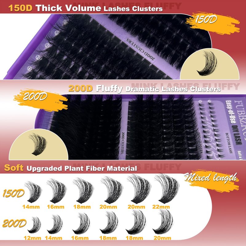 FUBBZRUI Lash Clusters with Bottoms Wispy Dramatic Individual Lashes D Curl 12-22mm Long Thick Mega Volume Eyelash Clsuters 150D+ 200D DIY Lash Extension