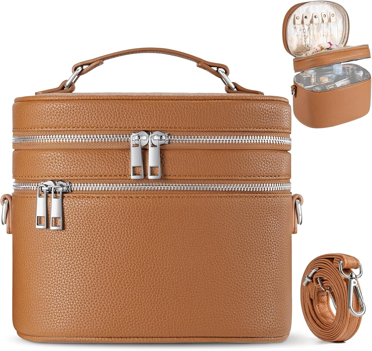 Leather Makeup Bag Organizer - Double Layer Vanity Case with Compartments | Large Capacity, Portable Travel Storage in Brown