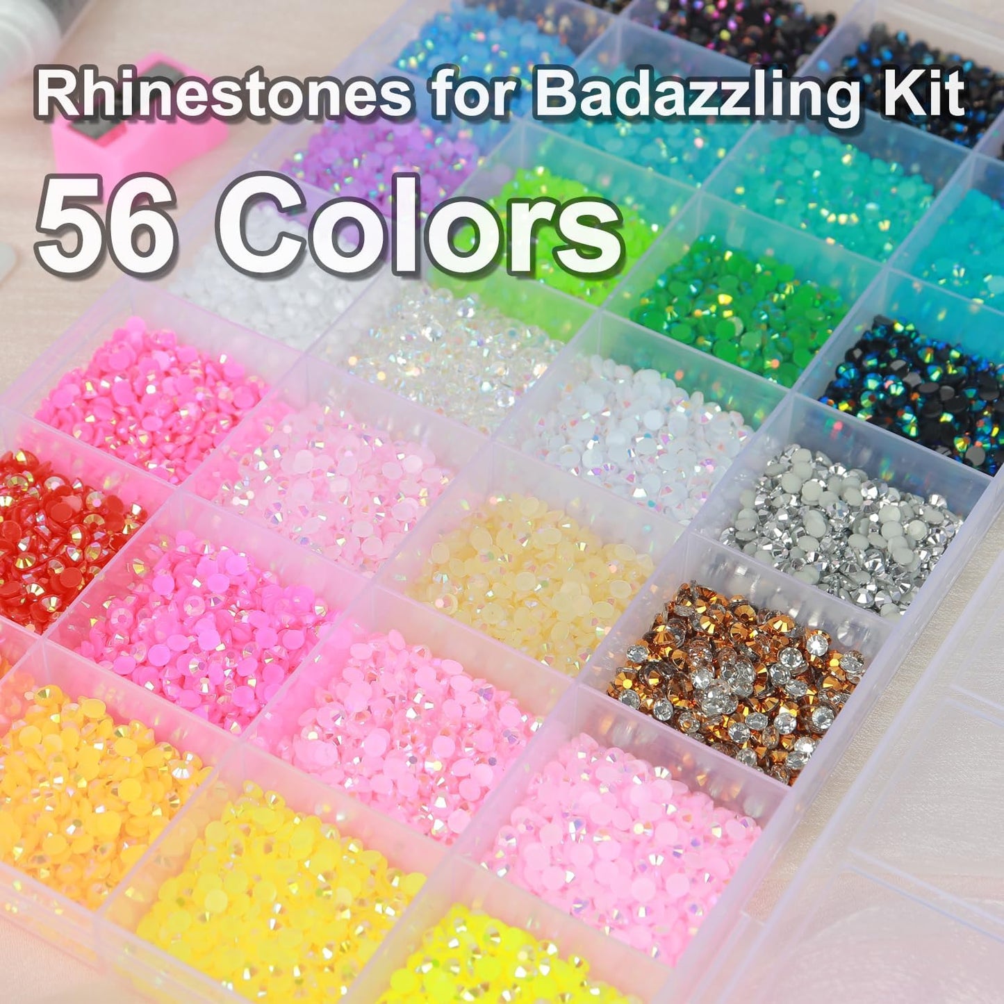 Rhinestones Bedazzling Kit - 56 Colors 3mm Flatback Gems with Glue & Tools | DIY Crafts, Jewelry, Decor