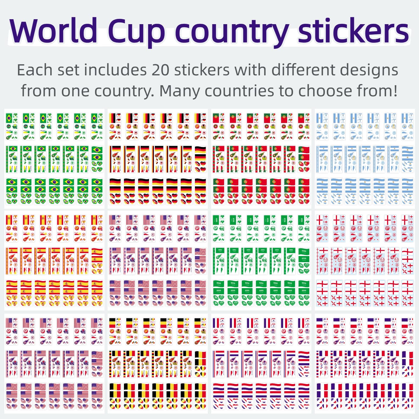 2026 World Cup Country Flag Temporary Tattoos International National Flag Face Tattoos Stickers Waterproof World Flag Fake Tattoos for Sports Events Celebration Party Supplies 20 Sheets