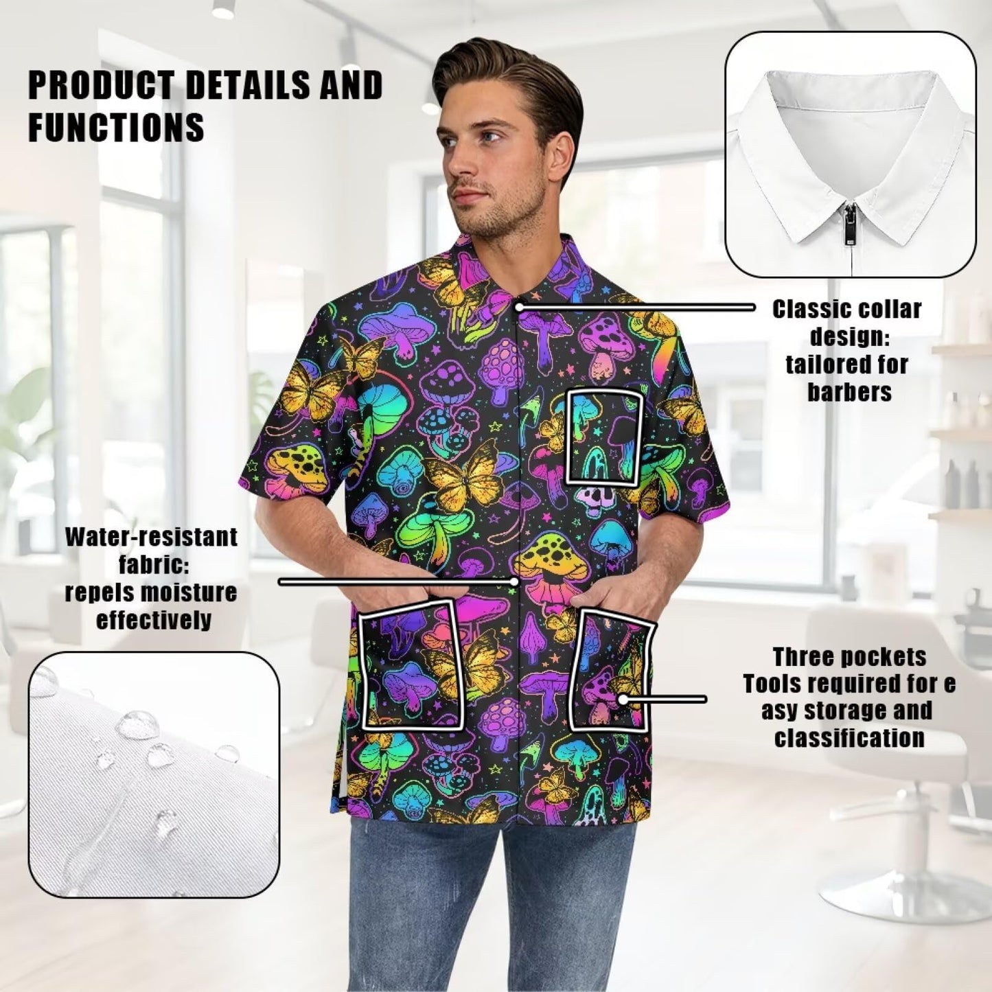 Srengjodk Cute Hairstylist Aprons For Women With 3 Pockets And Zipper For Women/Men Printed Haircut Cape Mens Smock For Barber Capas De Barbero Profesional Mushroom Print L 2XL