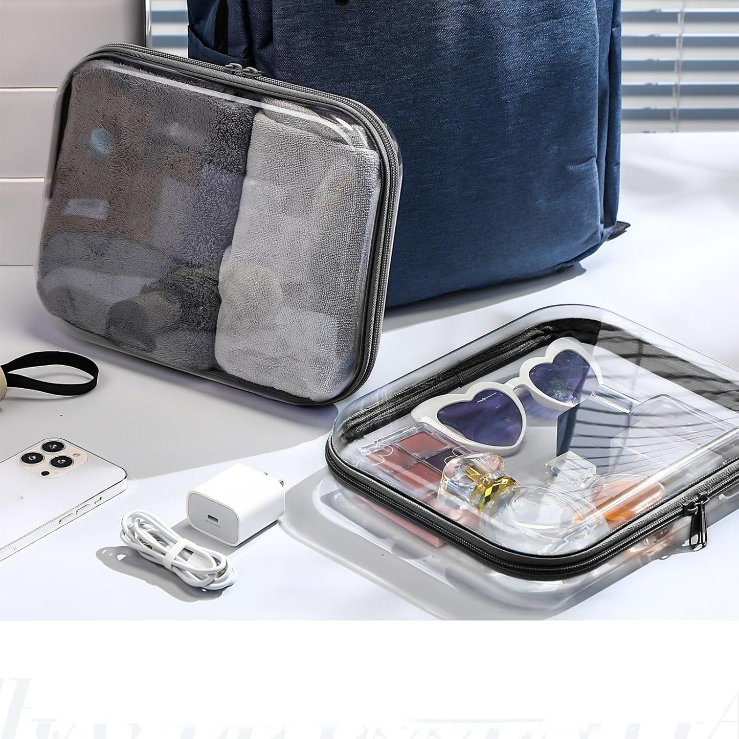Clear Hard Zipper Case - 3 Pcs Portable Makeup Bag Organizer for Travel | Black, Medium Size