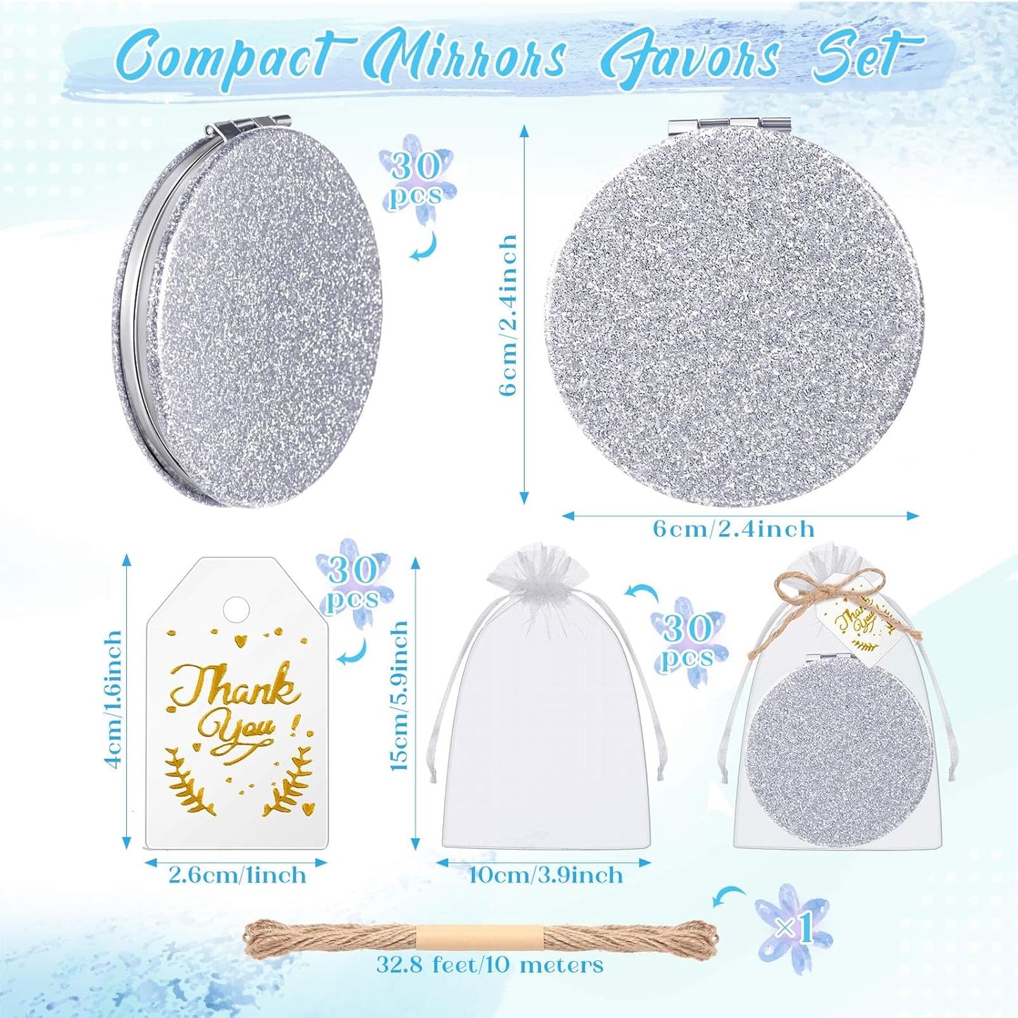 Compact Magnifying Mirrors - 30 Sets with Thank You Cards | Quinceanera Party Favors, Bridal Shower Gifts, Silver