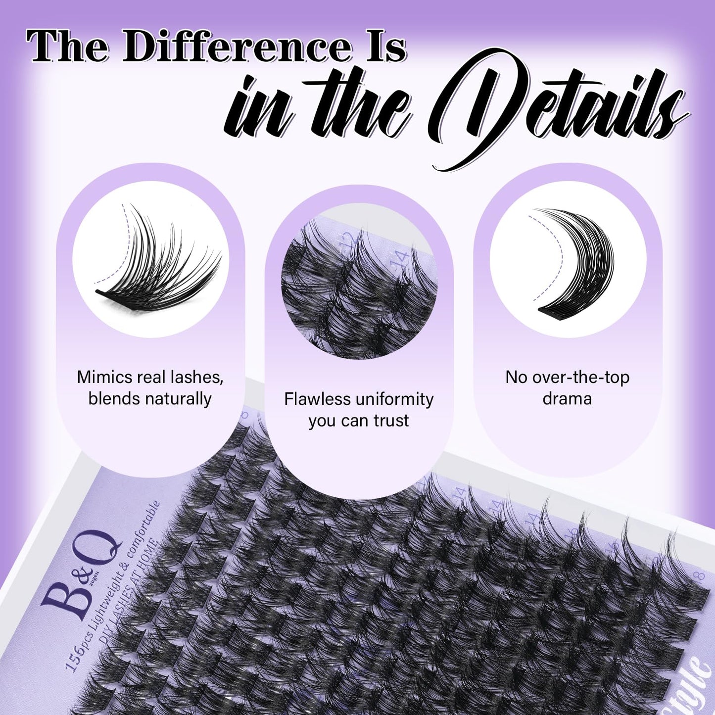 B&Q Wispy Lash Clusters 156PCS Natural Eyelash Clusters DIY Cluster Eyelash Extensions 8-18mm Cat Eye Individual Lashes Soft Wide Band Clusters for Everyday Wear Beginner Friendly 5-7 Day (B02-8-18)