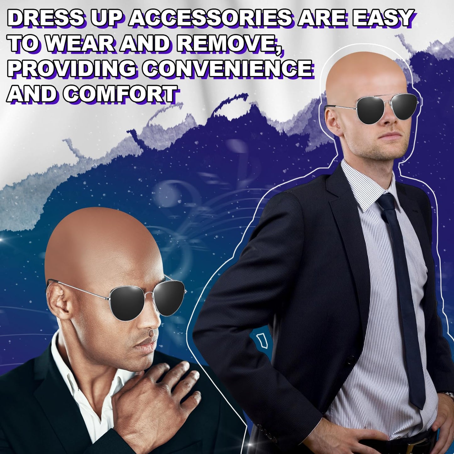 Mepase 6 Pcs Halloween Bald Head Cap with Glasses Bald Wig Cap Party Costume Accessories for Adults Women Men Cosplay(Smooth,Classic)