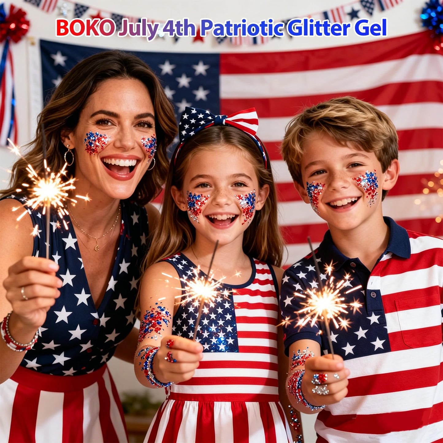Boko 50ML Body Glitter Gel, Red White Blue 4th of July Chunky Glitter for Face Hair Body Makeup, Patriotic Glitter for USA Independence Day Memorial Day Veterans Day Flag Party Rave Accessories