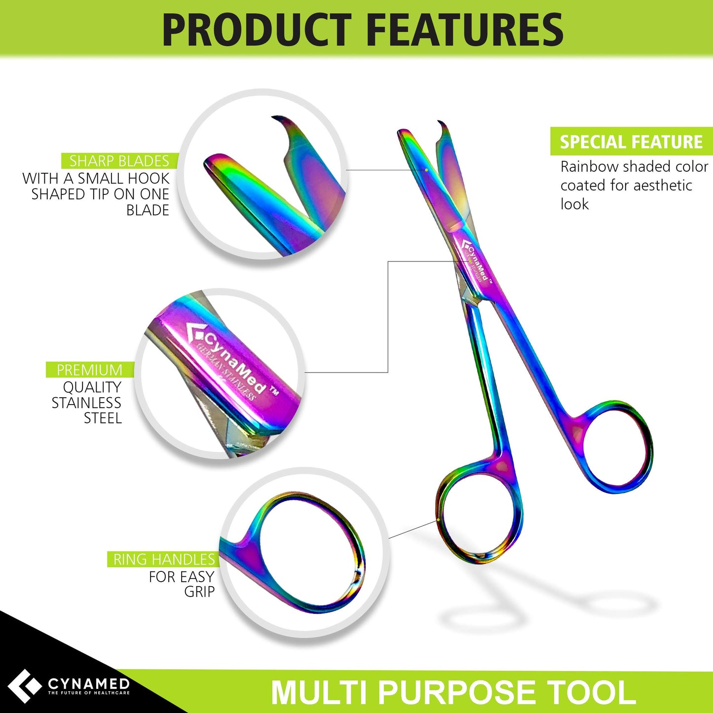 Cynamed Suture Stitch Scissors with Multicolor/Rainbow Titanium Coating - Premium Quality Instrument- Delicate Hook - Perfect for Suture Removal, First Aid, EMS Training and More (4.5 in. - Straight)
