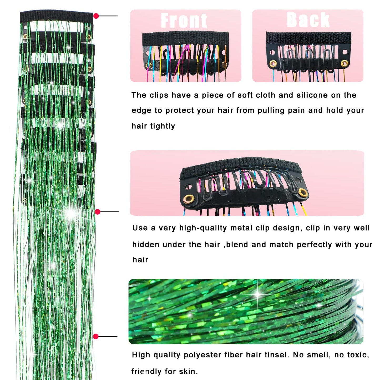 Obinying Hair Tinsel Pack of 18 Pcs Hair Tinsel Clip in 20.5 Inch Glitter Tinsel Hair Extensions Clip in Hair Tinsel Kit Party Festival Fairy Hair Accessories for Girls Women Kids (Green)