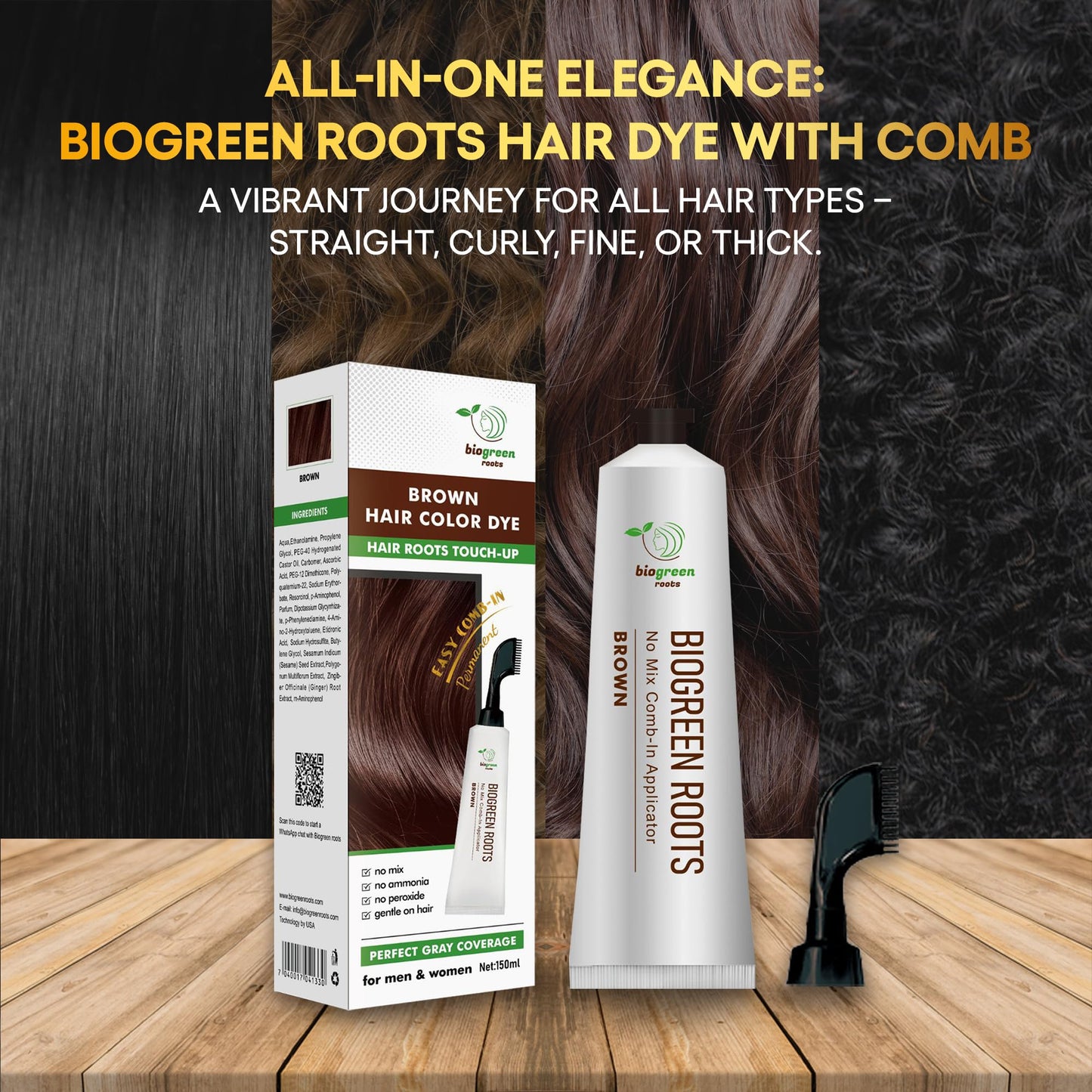 Biogreen Roots Ammonia-Free & Paraben Free Herbal Hair Dye for Women & Men– Gray Coverage with Natural Extracts – Nourishing Brown Hair Dye for Healthy Hair – Brown (150 ml)