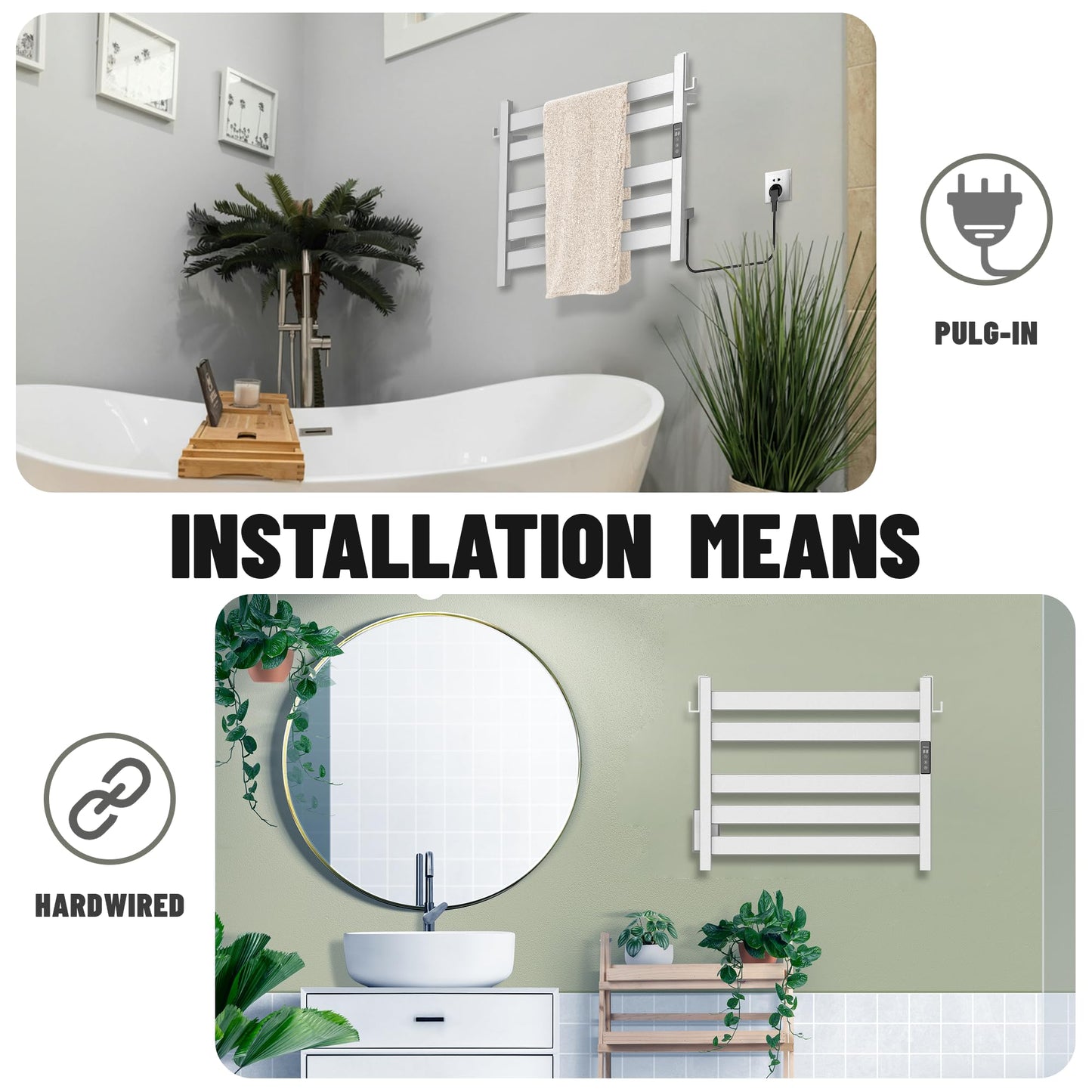 K&KALONZO Wall-Mounted 6-Bar Heated Towel Rack, Fast Heat in 2 Min, EL18ML