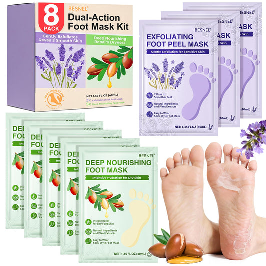BESNEL 8Pack Moisturizing＆Foot Peeling Foot Mask, Teacher Appreciation Gifts, Hydrating Foot Masks Dry Cracked Feet, Soothing Moisturizer Socks Repair Rough Heels＆Baby Soft Feet(8Pack)