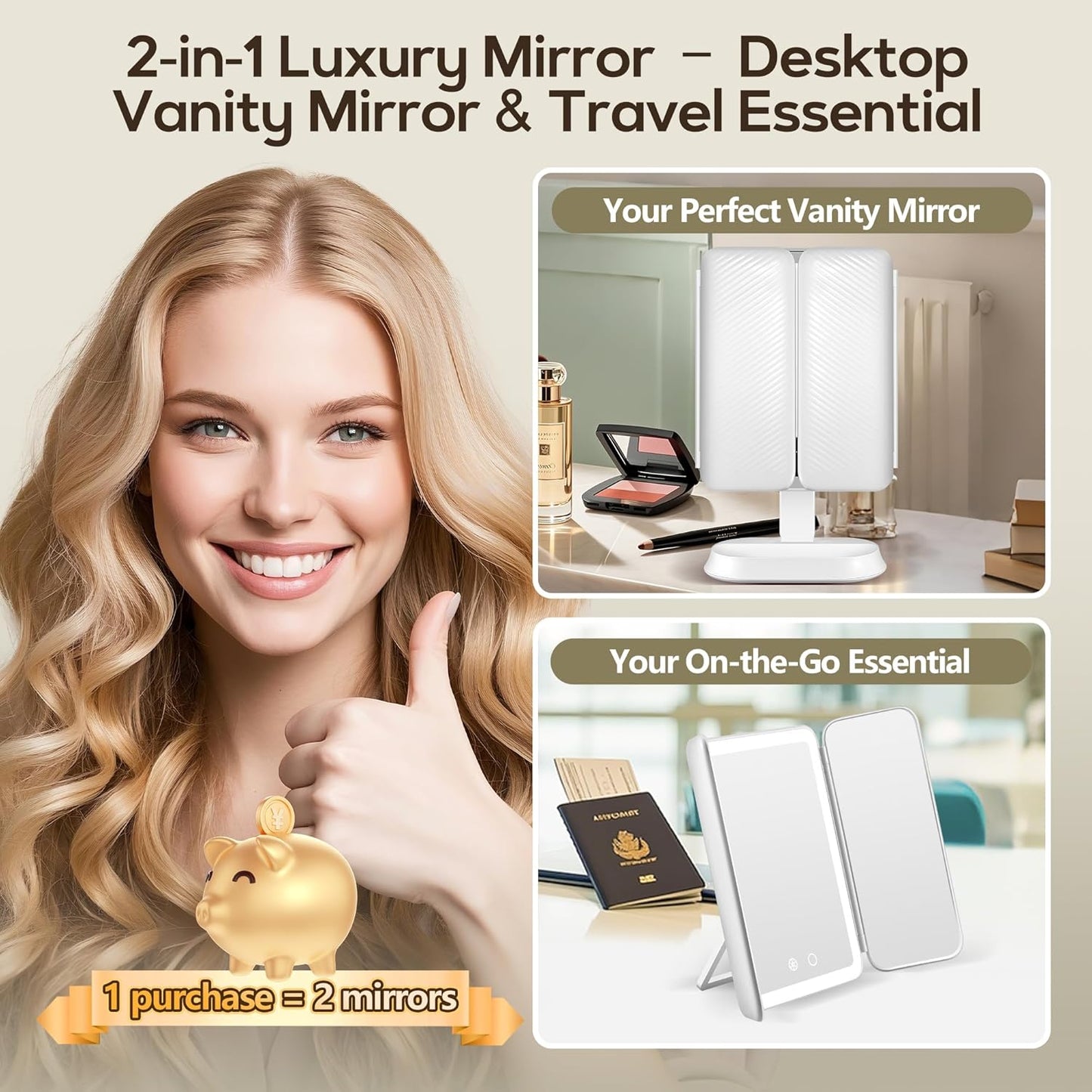 Makeup Mirror with Lights - 30X/10X/5X Magnification, Dimmable Trifold Vanity Mirror | Portable Travel Size