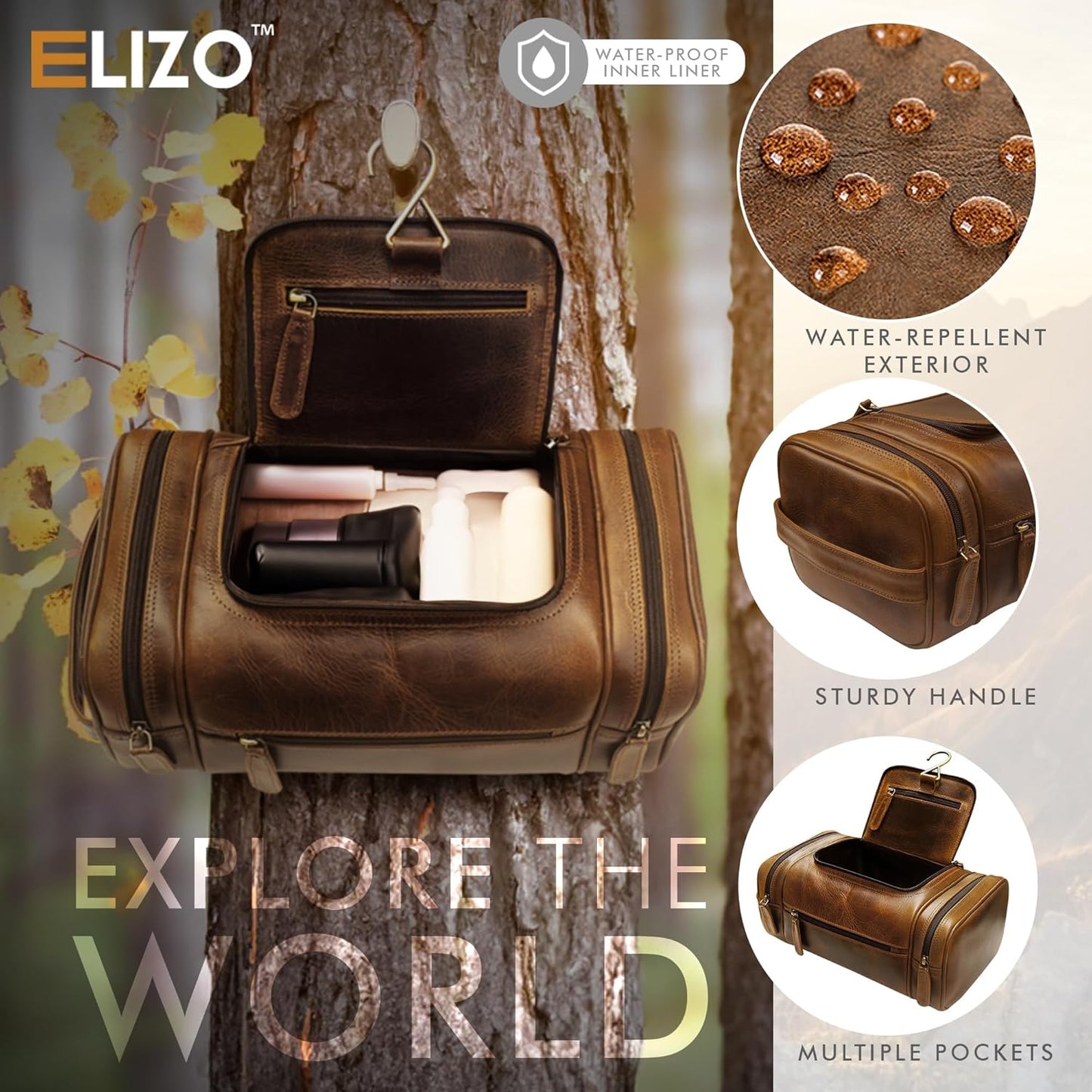 Genuine Leather Toiletry Bag for Men - Waterproof Hanging Dopp Kit | Extra Large Travel Organizer