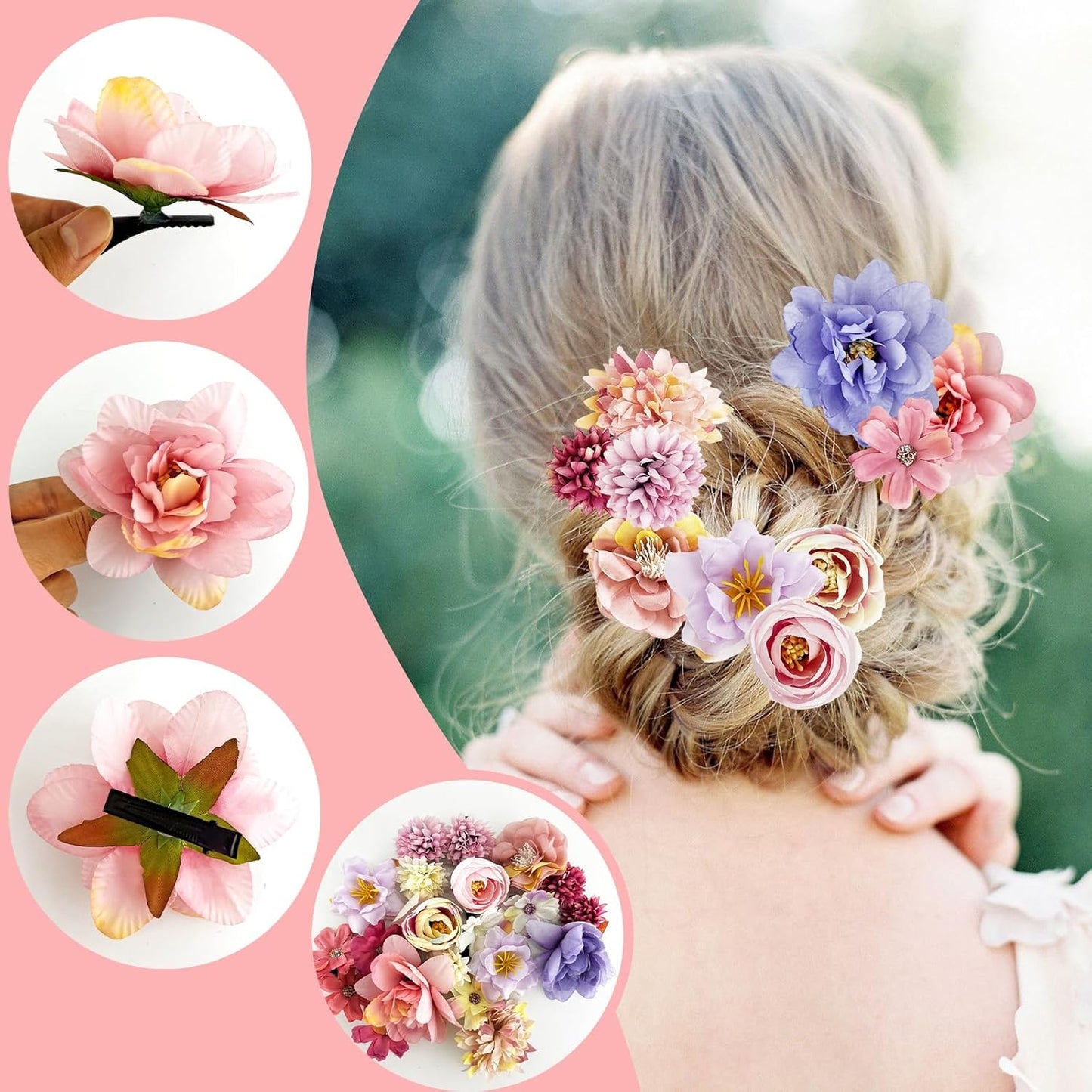 Flower Hair Clips - 21 Pcs Boho Floral Barrettes for Women | Pink & Purple Bridal Accessories