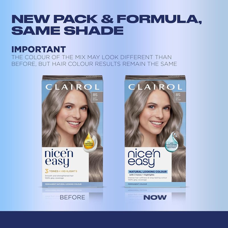 Clairol Nice'n Easy Permanent Hair Dye - 8S Soft Silver | 100% Gray Coverage & Natural Shine