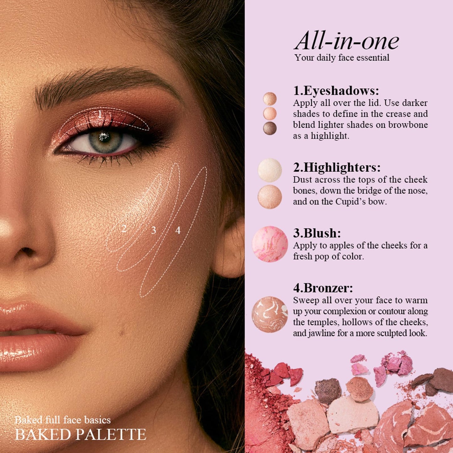 All-in-One Baked Makeup Palette with 3 Eyeshadows, 2 Highlighters, 1 Blush & 1 Bronzer - Highly Pigmented, Silky Smooth, Easy to Blend Full Face Make Up Pallet, Travel-Friendly Makeup Kit (01)