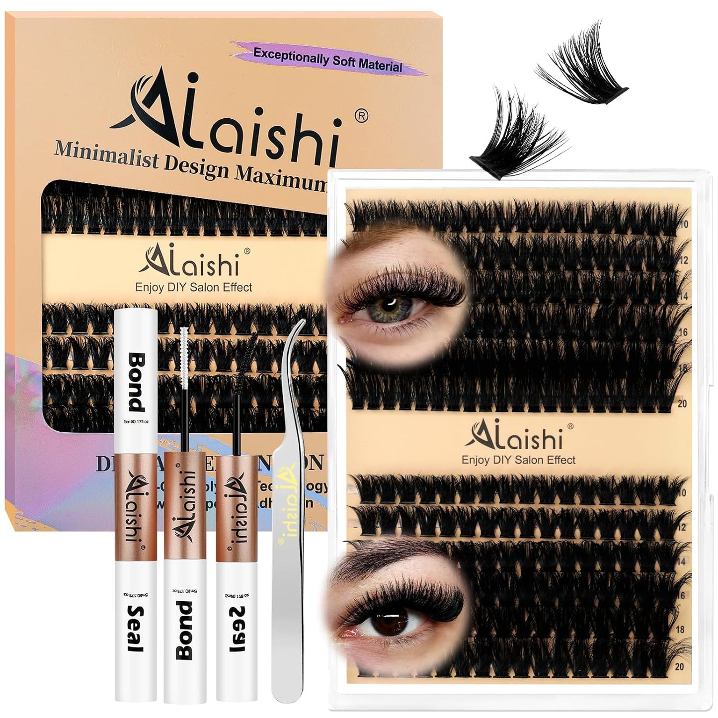 DIY Cluster Eyelash Extensions Kit - 224pcs Fluffy D Curl Lashes | 9-16mm, Bond & Seal, Tweezers Included